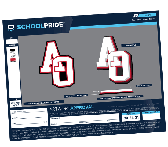 schoolpride® AO baseball batting 3d helmet decal artwork proof