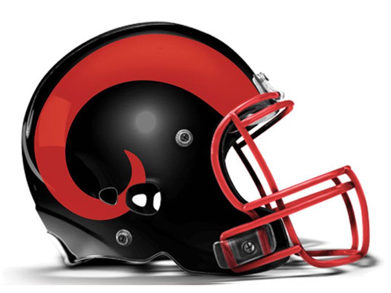 oversized red ram horn football helmet decal on black helmet