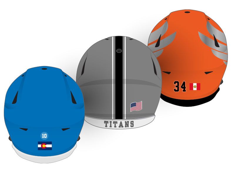 flag football helmet decals on three helmets