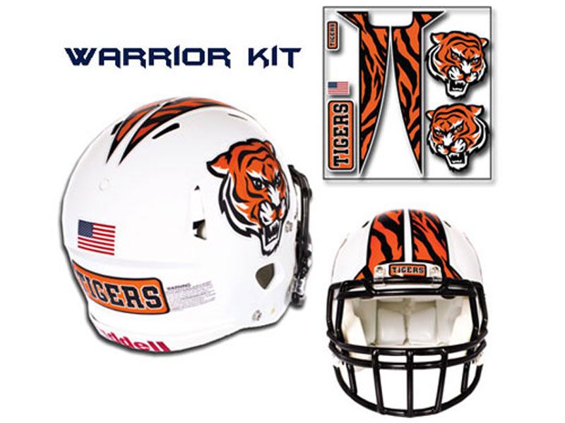 warrior style football helmet decal kit with front and back names, stripe, decal pair and american flag