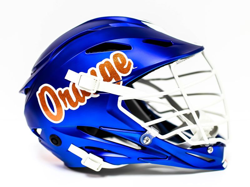 script orange lacrosse decal blue helmet