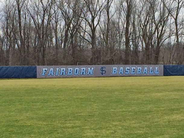 fairborn high school printed mesh banner and colored windscreen banner on baseball field fence