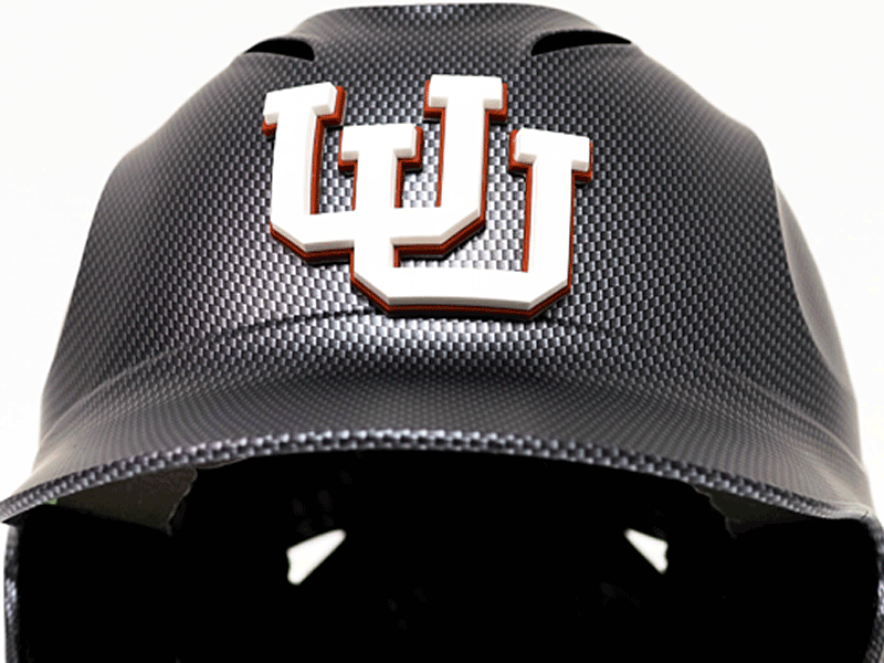 gray carbon fiber batting helmet with UU 3d helmet decal in white