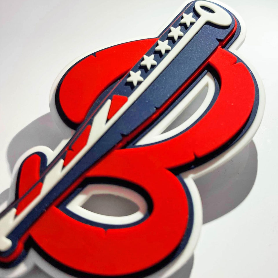 3d batting helmet decal red b with blue bat and stars