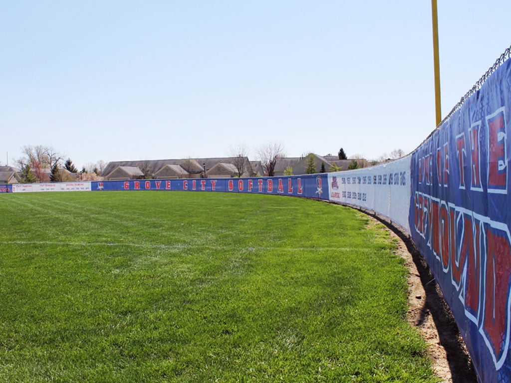 mesh fence banner with printed championships grove city