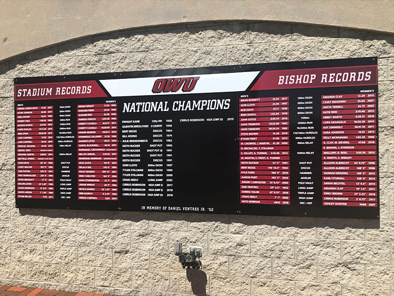ohio wesleyan university track & field overlay record board