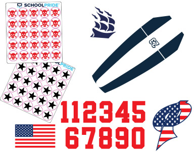 helmet stickers awards numbers stripes and flags