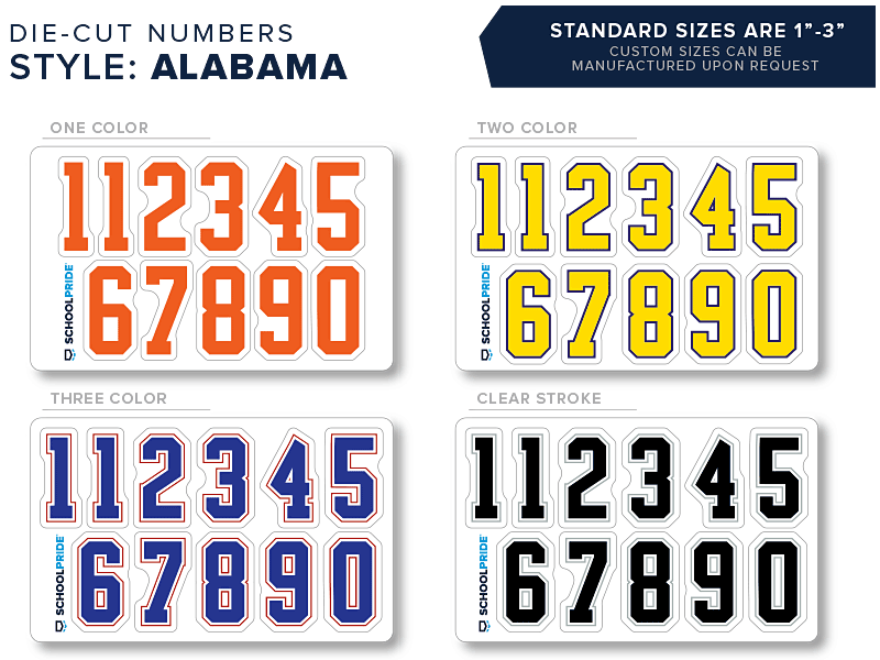 alabama style die cut numbers for football helmets