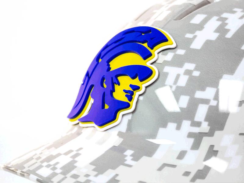 white digital camo batting helmet with purple and yellow spartan 3d helmet decal