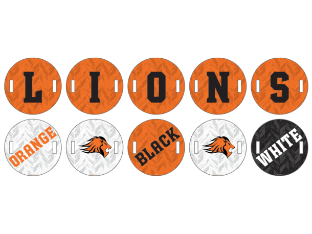 lions orange black white cheer signs round with handles
