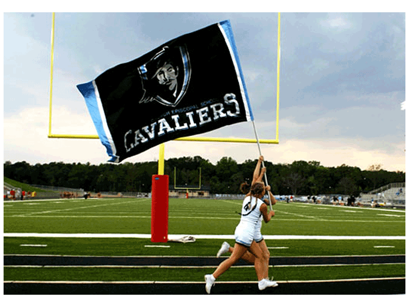 Cavaliers field runner flag with cheerleaders