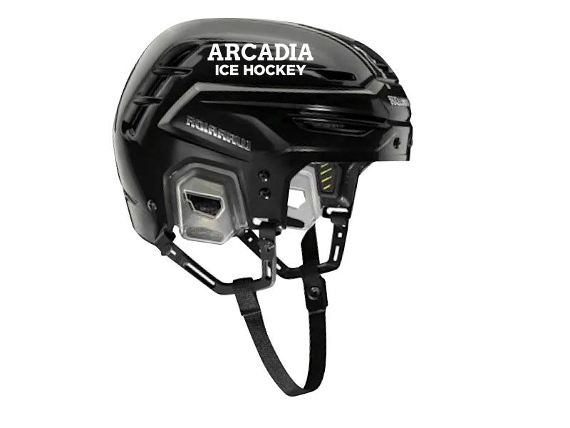 arcadia ice hockey decal on black hockey helmet