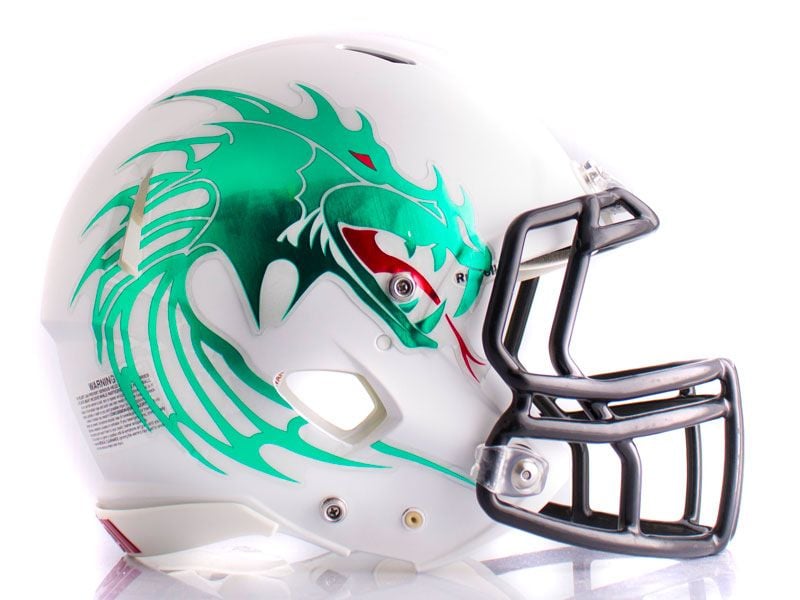 oversized chrome dragon football helmet decal on white helmet