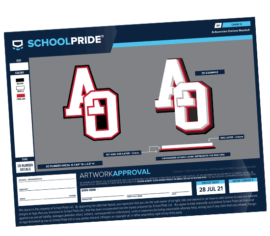 schoolpride&reg; AO baseball batting 3d helmet decal artwork proof