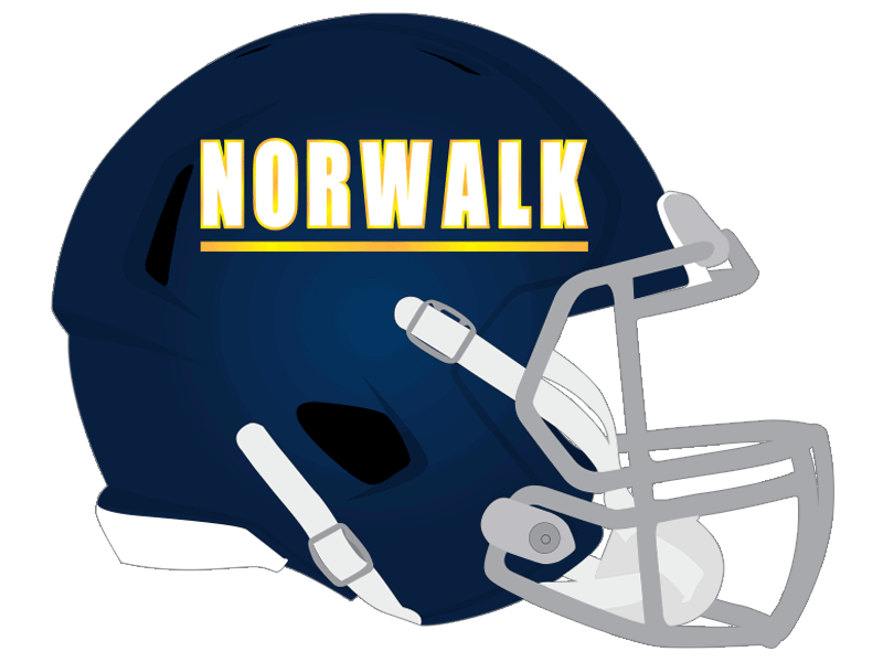 norwalk text on navy football helmet with gray face mask