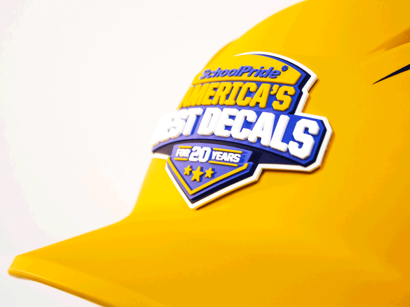 yellow batting helmet with SchoolPride&reg; americas best decals 3d decal in white blue white yellow