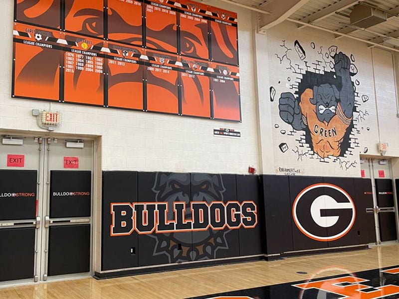 custom high school gym wall pads with mascot and logo