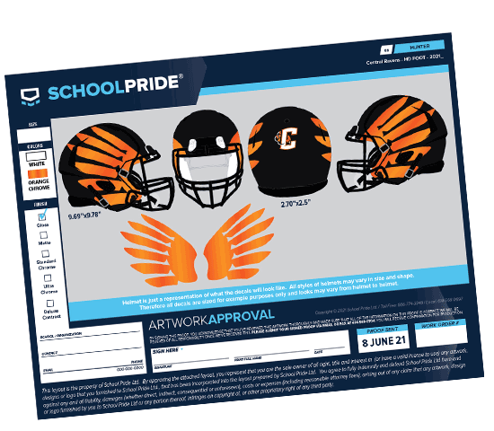schoolpride® football helmet orange wing artwork proof