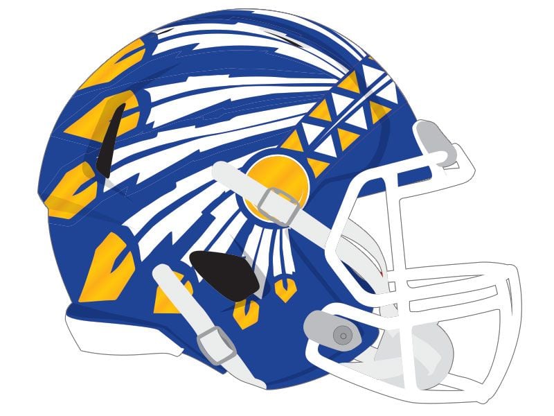White yellow headdress on blue football helmet