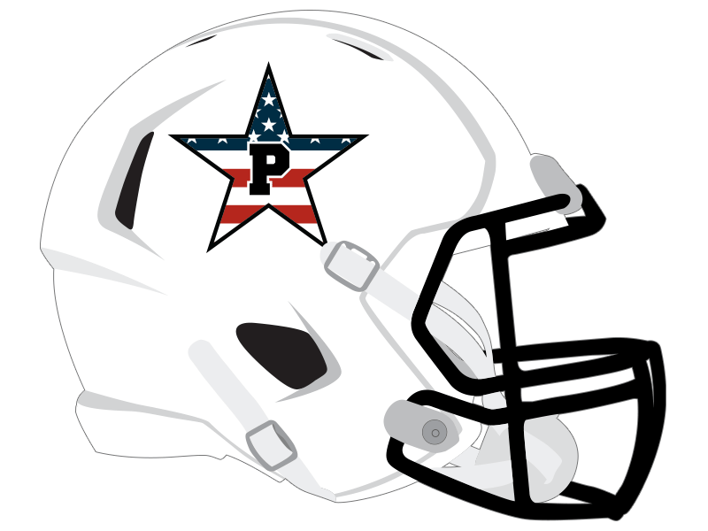 flag print star with P inlay decal on white football helmet with black face mask