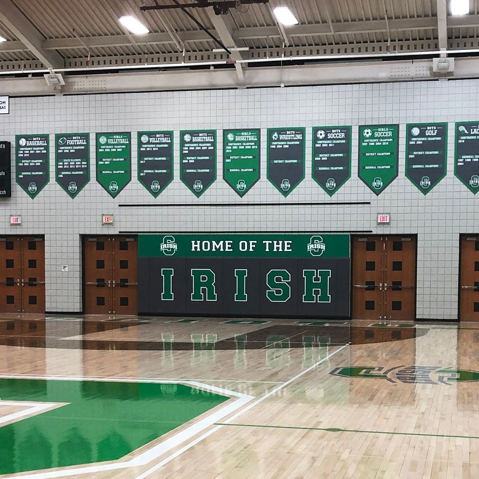 dublin scioto championship banners in gym