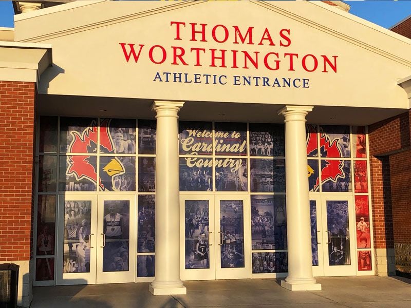 thomas worthington high school window film with student photos