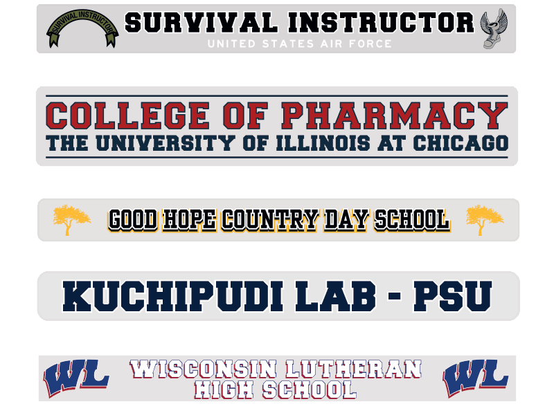 several example of collegiate style window stickers