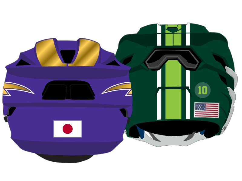 lacrosse flag stickers on two helmets