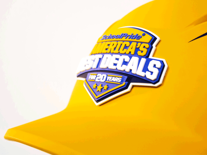 yellow batting helmet with SchoolPride® americas best decals 3d decal in white blue white yellow