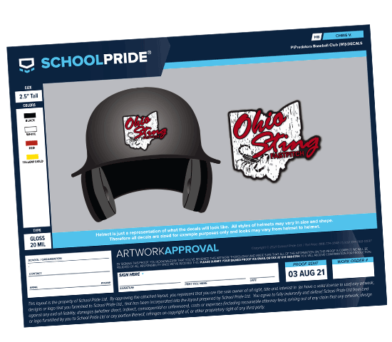 schoolpride® baseball softball batting helmet decal artwork proof
