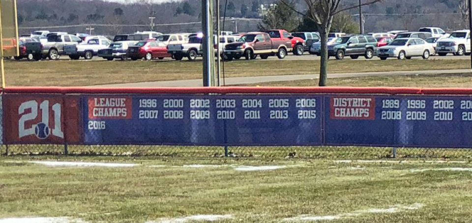 custom mesh fence banner with printed distance marker and championships