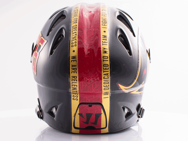 chrome burgundy and gold lacrosse stripe black helmet with custom text 
