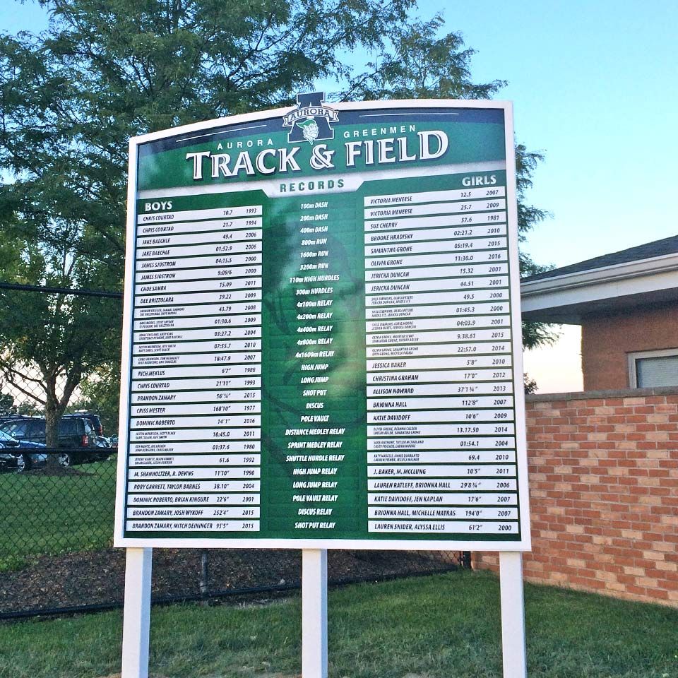 Aurora Aluminum Track Record Board outside school