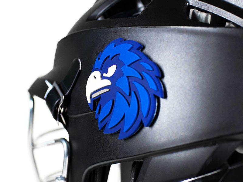 lacrosse decal 3d bird in two tone blue and white on black helmet