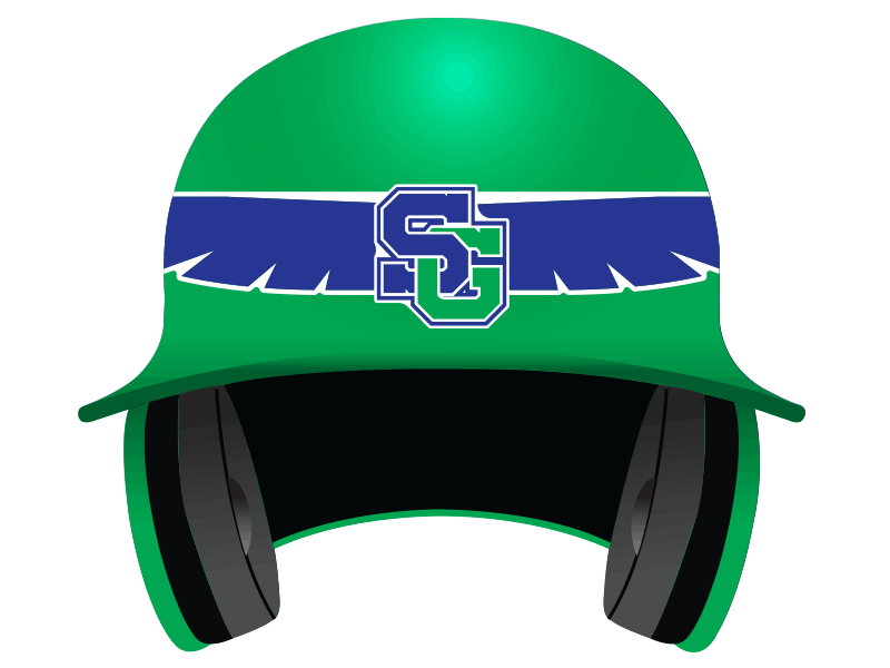 green batting helmet with oversized wing SG decal in blue