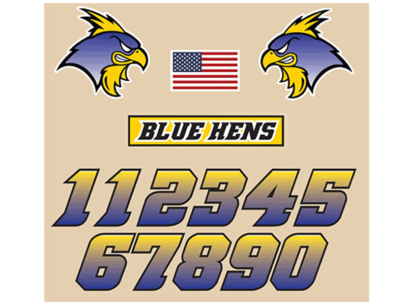 blue hens hockey helmet decal kits with side decals numbers name strip and american flag