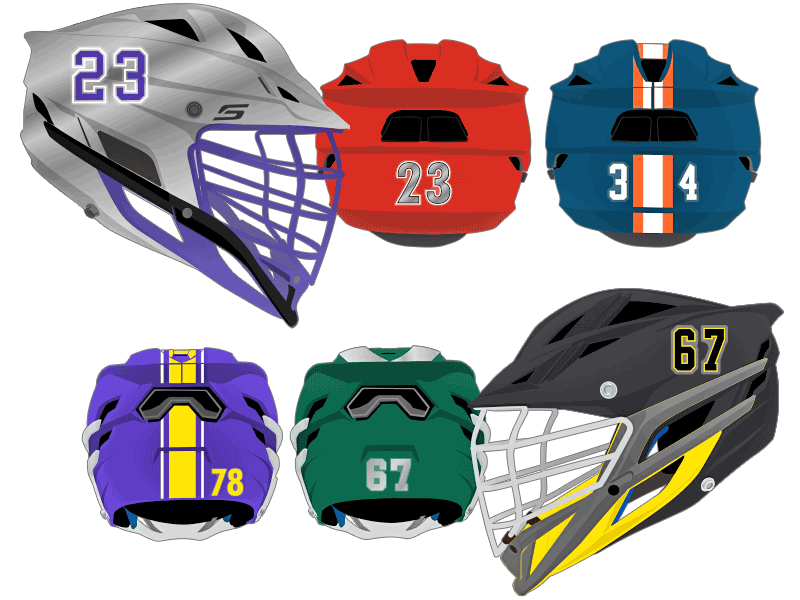 collage of lacrosse helmets with die cut numbers