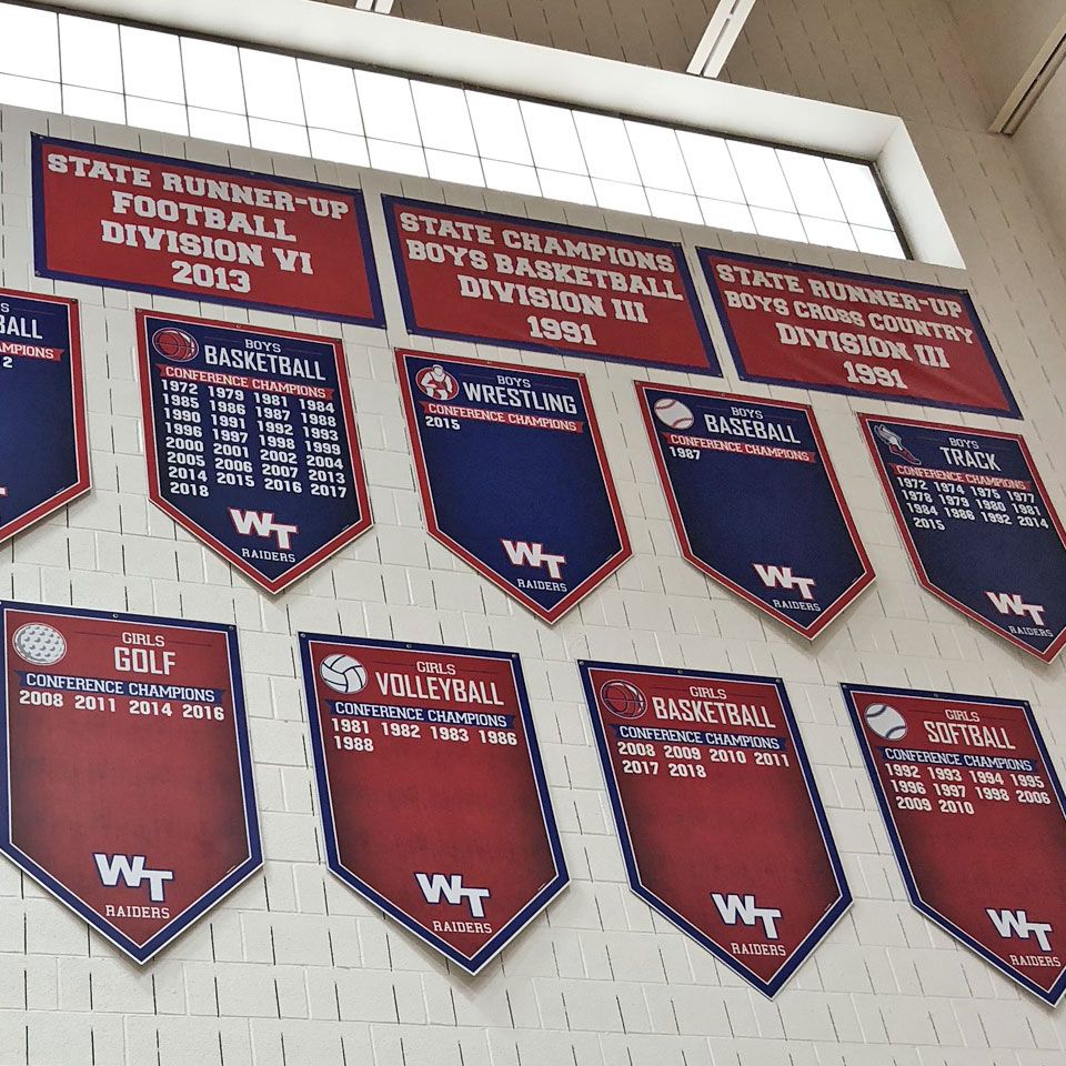 Wayne Trace red blue add a year banners for sports championships