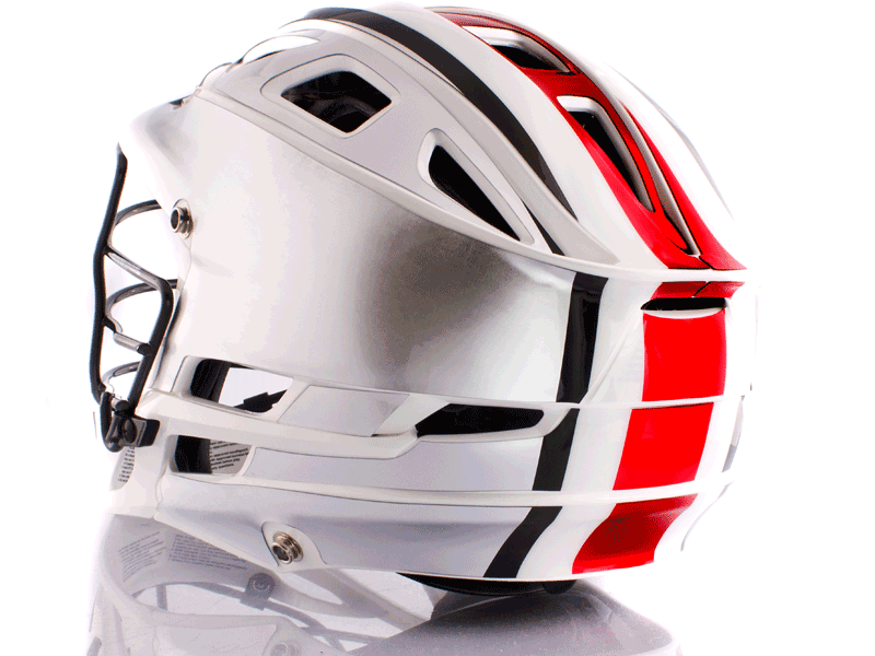 silver lacrosse helmet with black white red wide stripe