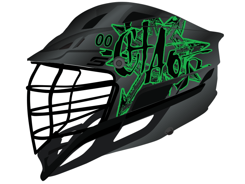 chaos lacrosse oversized decal in green and black on black helmet