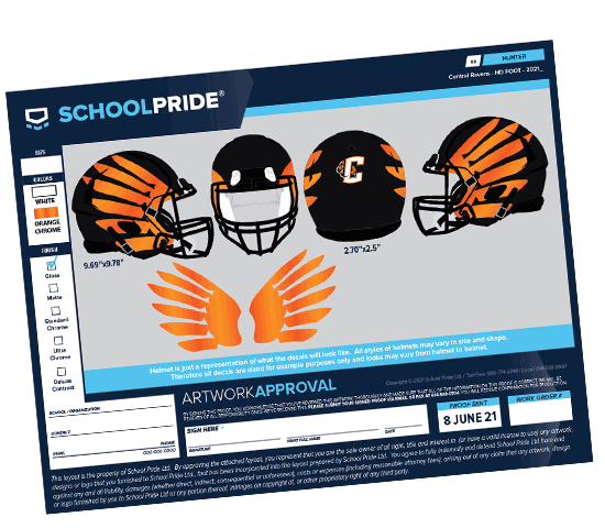 schoolpride® football helmet orange wing artwork proof
