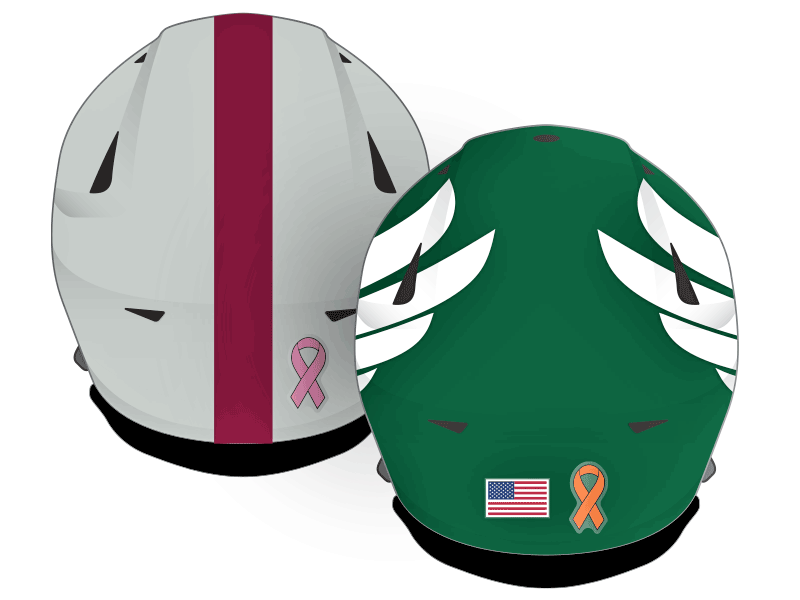 football helmets showing proper use of cancer ribbon stickers