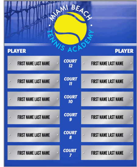 tennis academy court pairings name plate board