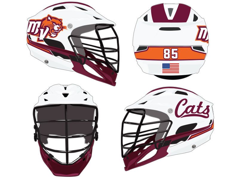 6 item multi item lacrosse kits MV cats white helmet custom number