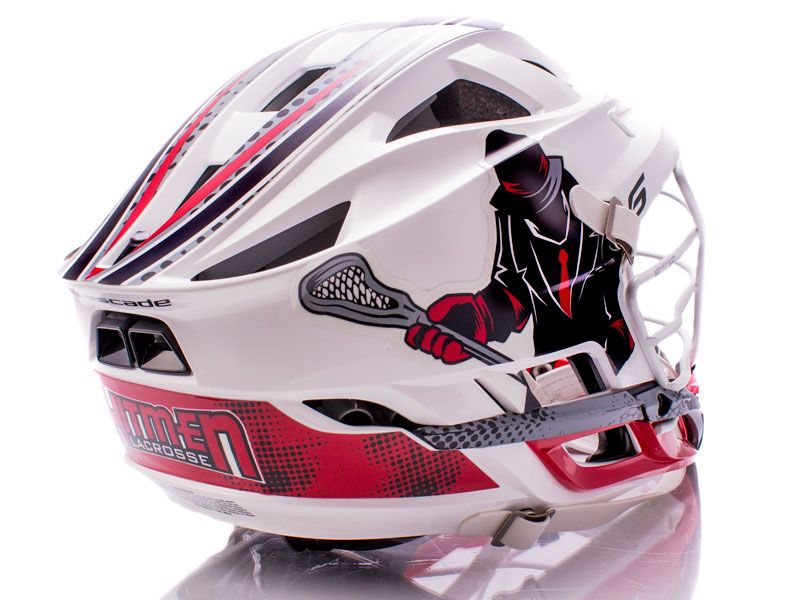hitmen oversized custom lacrosse decals on white cascade s helmet