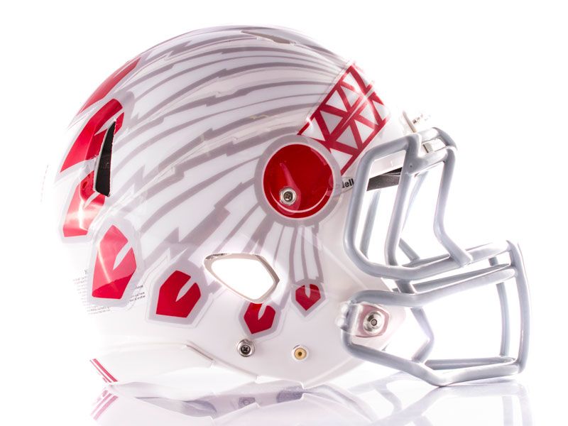 red and silver headdress on white football helmet