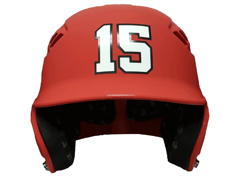 die cut batting helmet number white with black outline on red helmet