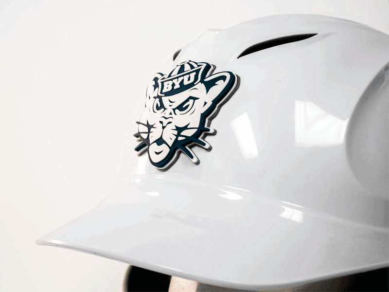  white batting helmet with byu 3d helmet decal in blue white