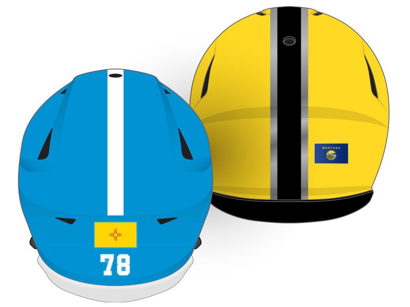 country flags on blue and yellow football helmets