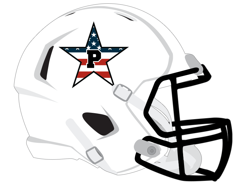 flag print star with P inlay decal on white football helmet with black face mask